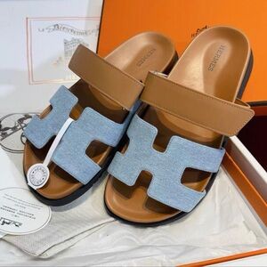 Hermes Tan and Blue Mules